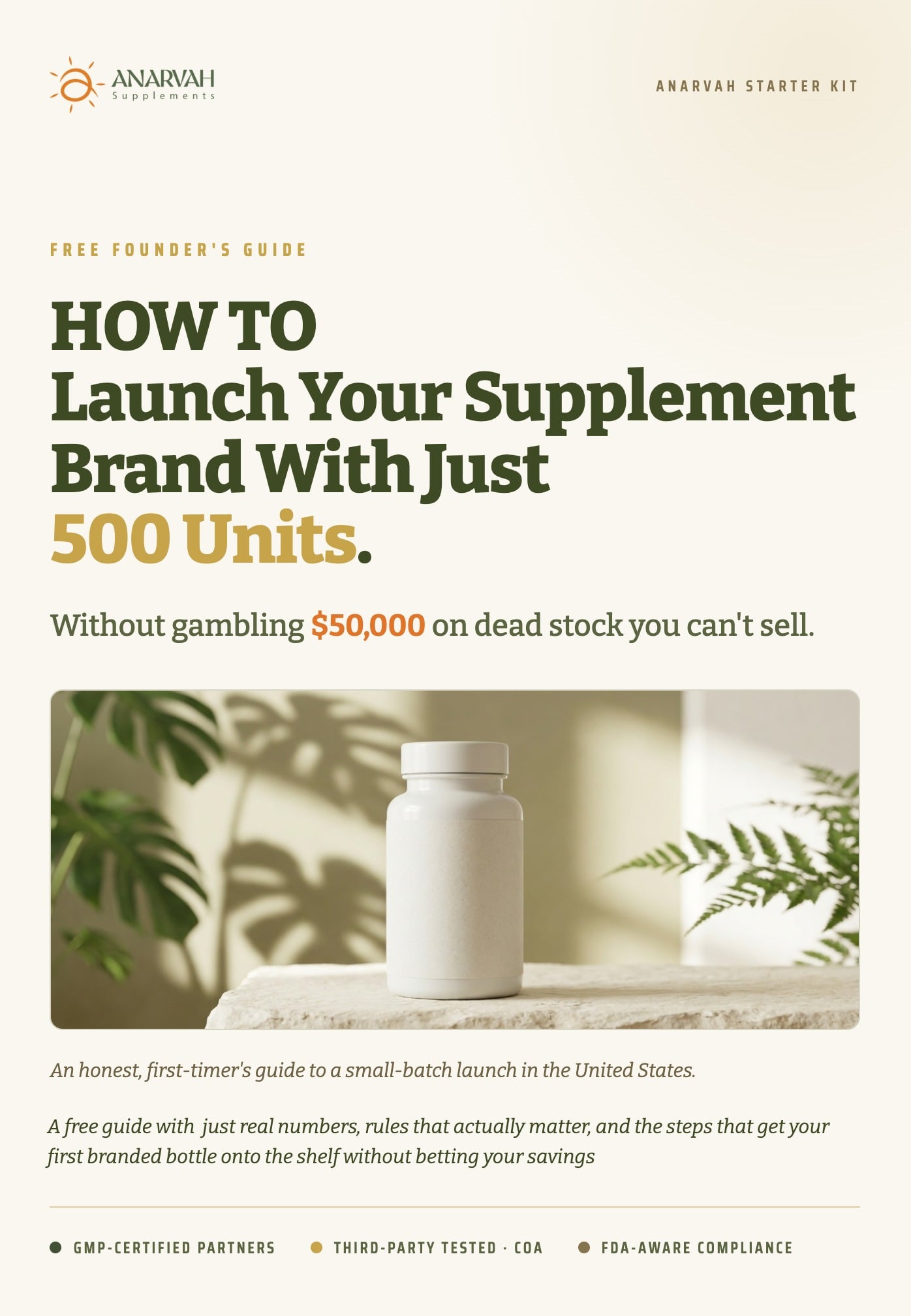 The 500-Unit Launch Guide — free 18-page founder's guide cover